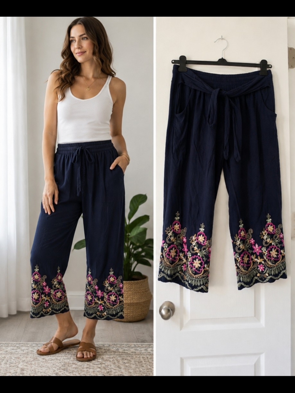 Lucy Love Embroidered Cropped Pants Navy Floral Boho Wide Leg Made USA Pockets S